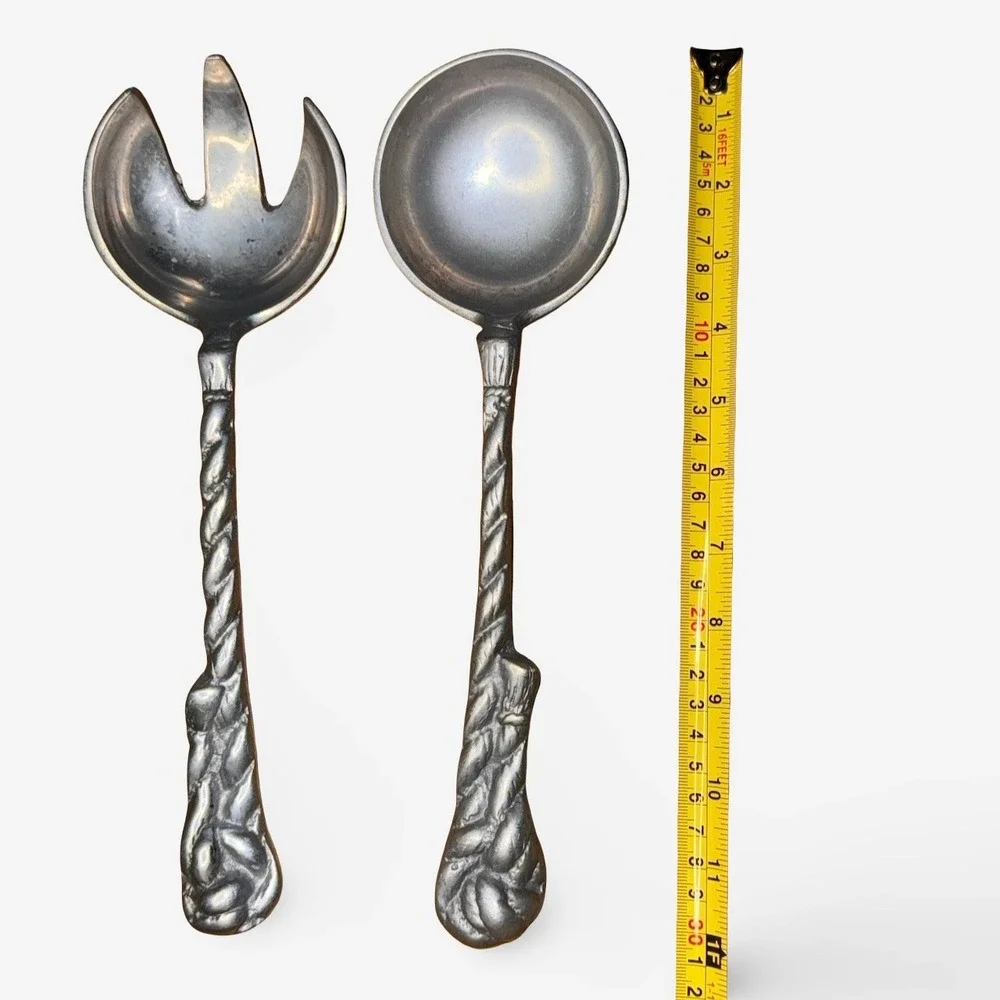 Artesanías de México Mexican Pewter Salad Utensils Silver Rope Hand Finished 90s